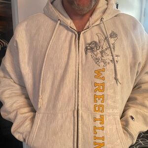 Champion Cream Hoodie with Eagle and Yellow Wrestling Text